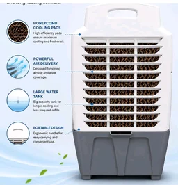 ZOOM Shakti Portable Desert Air Cooler, 3 Speed Control, Knob Controls, Oscillating Louvers, Caster Wheels, for Home & Office (White & Grey, Lining with wheel)