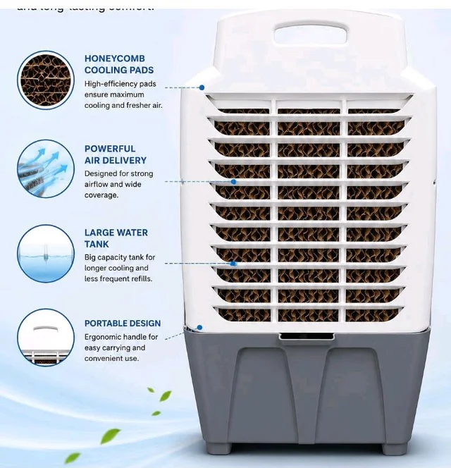 ZOOM Shakti Portable Desert Air Cooler, 3 Speed Control, Knob Controls, Oscillating Louvers, Caster Wheels, for Home & Office (White & Grey, Lining with wheel)