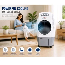 ZOOM Shakti Portable Desert Air Cooler, 3 Speed Control, Knob Controls, Oscillating Louvers, Caster Wheels, for Home & Office (White & Grey, Lining with wheel)
