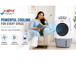 ZOOM Shakti Portable Desert Air Cooler, 3 Speed Control, Knob Controls, Oscillating Louvers, Caster Wheels, for Home & Office (White & Grey, Lining with wheel)