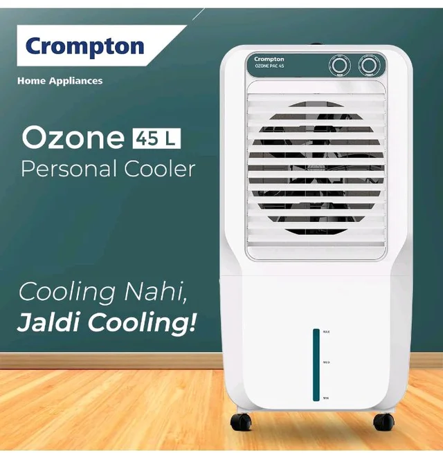 Crompton Ozone Personal Air Cooler 45L| High density honeycomb pad for cooling retention| Auto fill| Water level indicator Ice chamber| Cooling mode & Auto Swing |3 Years Brand Warranty