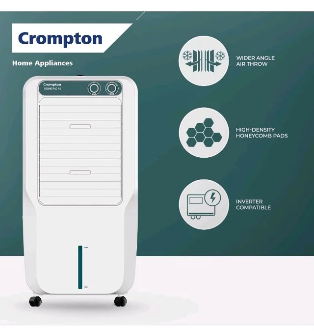 Crompton Ozone Personal Air Cooler 45L| High density honeycomb pad for cooling retention| Auto fill| Water level indicator Ice chamber| Cooling mode & Auto Swing |3 Years Brand Warranty