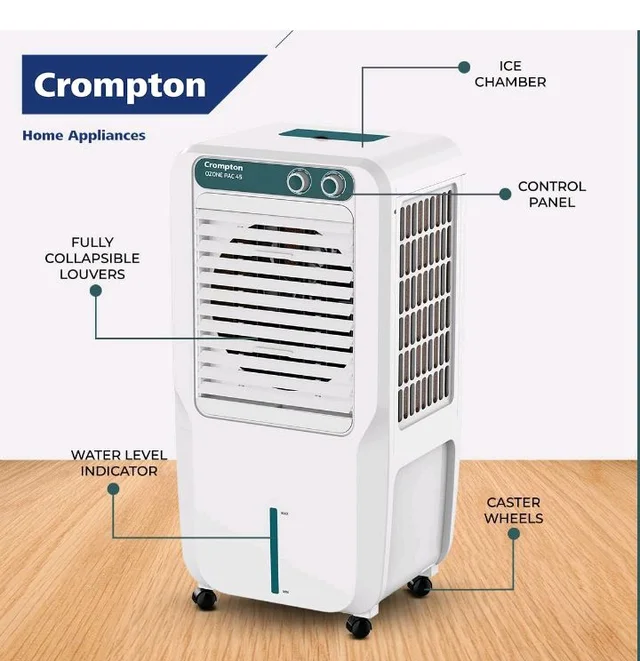 Crompton Ozone Personal Air Cooler 45L| High density honeycomb pad for cooling retention| Auto fill| Water level indicator Ice chamber| Cooling mode & Auto Swing |3 Years Brand Warranty