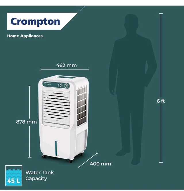 Crompton Ozone Personal Air Cooler 45L| High density honeycomb pad for cooling retention| Auto fill| Water level indicator Ice chamber| Cooling mode & Auto Swing |3 Years Brand Warranty