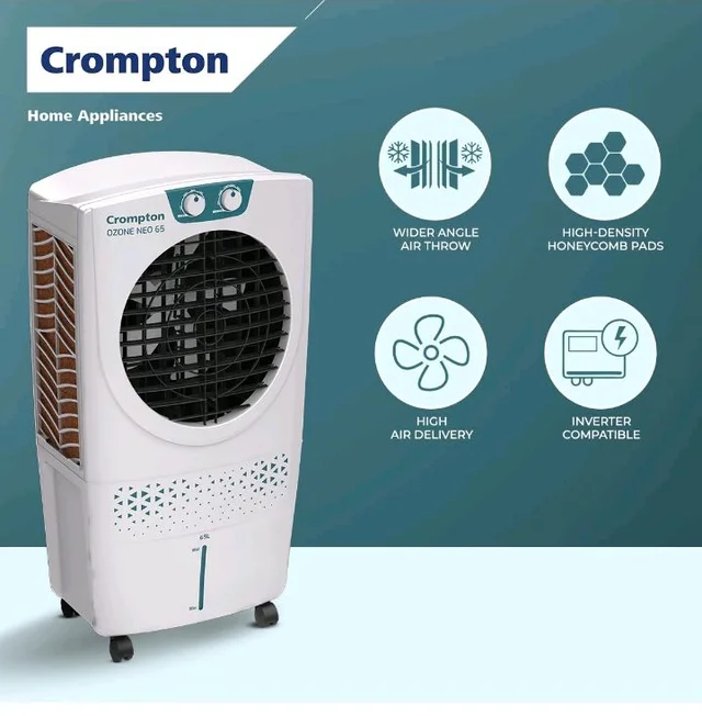 Crompton Ozone Neo Desert Air Cooler 65L| High density honeycomb Pad for Cooling Retention| Water Level indicator| 4 way Air deflection & Auto Swing | Everlast Pump| 3 Year Brand Warranty
