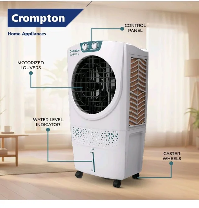 Crompton Ozone Neo Desert Air Cooler 65L| High density honeycomb Pad for Cooling Retention| Water Level indicator| 4 way Air deflection & Auto Swing | Everlast Pump| 3 Year Brand Warranty