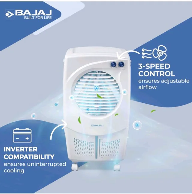 Bajaj PMH 25 DLX 24L Personal Air Cooler for home with DuraMarine Pump (2-Yr Warranty by Bajaj) Anti-Bacterial Hexacool Master, TurboFan Technology, 3-SpeedControl, Portable AC, White Cooler