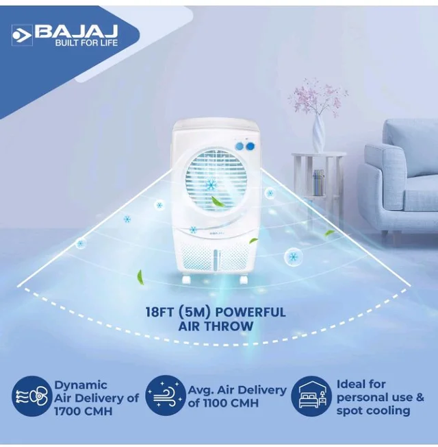 Bajaj PMH 25 DLX 24L Personal Air Cooler for home with DuraMarine Pump (2-Yr Warranty by Bajaj) Anti-Bacterial Hexacool Master, TurboFan Technology, 3-SpeedControl, Portable AC, White Cooler