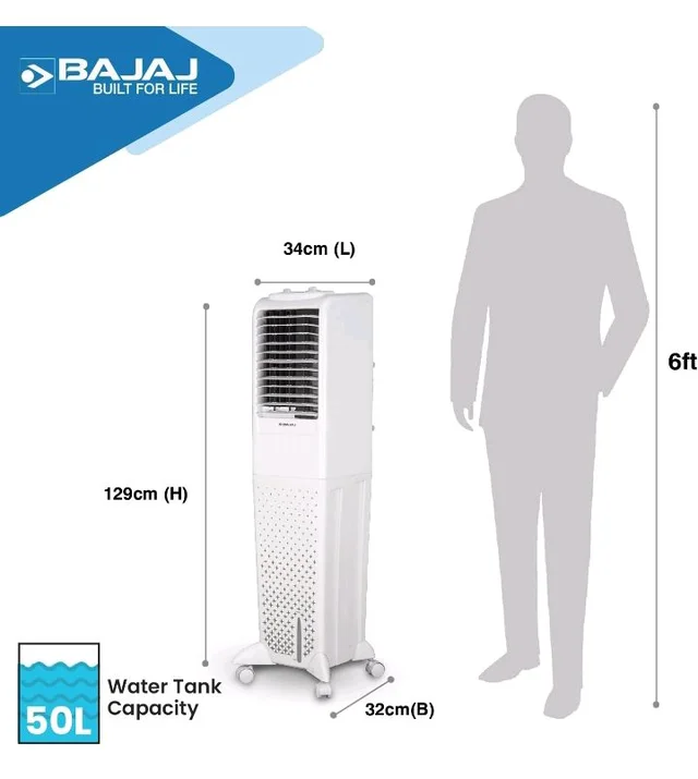 Bajaj TMH50 Tower Air Cooler for Room 50L|For Larger Room|Inverter Compatibility|Honeycomb Cooling Pads|Typhoon Blower Tech|Portable AC|30-Ft Air Throw|3 Yrs Comprehensive Product Warranty|White