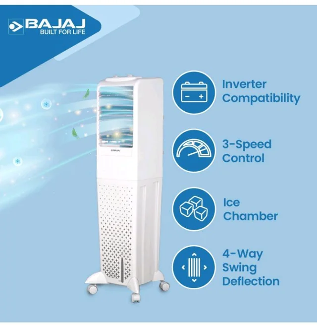 Bajaj TMH50 Tower Air Cooler for Room 50L|For Larger Room|Inverter Compatibility|Honeycomb Cooling Pads|Typhoon Blower Tech|Portable AC|30-Ft Air Throw|3 Yrs Comprehensive Product Warranty|White
