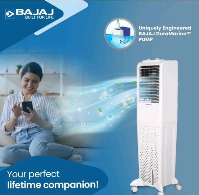 Bajaj TMH50 Tower Air Cooler for Room 50L|For Larger Room|Inverter Compatibility|Honeycomb Cooling Pads|Typhoon Blower Tech|Portable AC|30-Ft Air Throw|3 Yrs Comprehensive Product Warranty|White