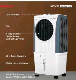 Havells KoolBlink 52 L Air Cooler for Room|Powerful Air-Delivery|Dual Flow Technology|3 Side Bacteria Shield Honeycomb Pads|Double Ball Bearing Motor|Front Wheels with Brake|Inverter Compatible