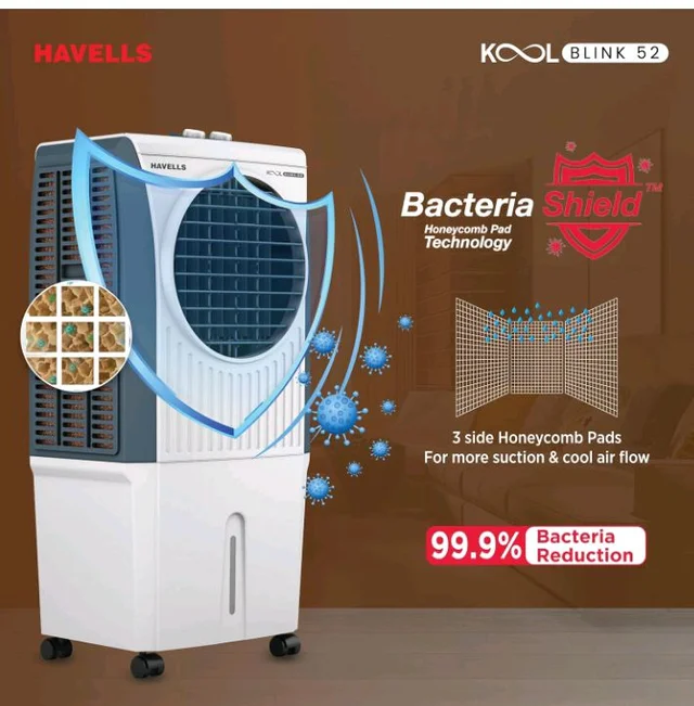 Havells KoolBlink 52 L Air Cooler for Room|Powerful Air-Delivery|Dual Flow Technology|3 Side Bacteria Shield Honeycomb Pads|Double Ball Bearing Motor|Front Wheels with Brake|Inverter Compatible