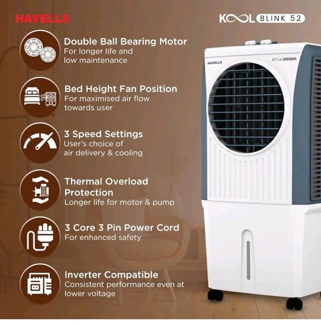 Havells KoolBlink 52 L Air Cooler for Room|Powerful Air-Delivery|Dual Flow Technology|3 Side Bacteria Shield Honeycomb Pads|Double Ball Bearing Motor|Front Wheels with Brake|Inverter Compatible