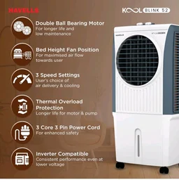 Havells KoolBlink 52 L Air Cooler for Room|Powerful Air-Delivery|Dual Flow Technology|3 Side Bacteria Shield Honeycomb Pads|Double Ball Bearing Motor|Front Wheels with Brake|Inverter Compatible