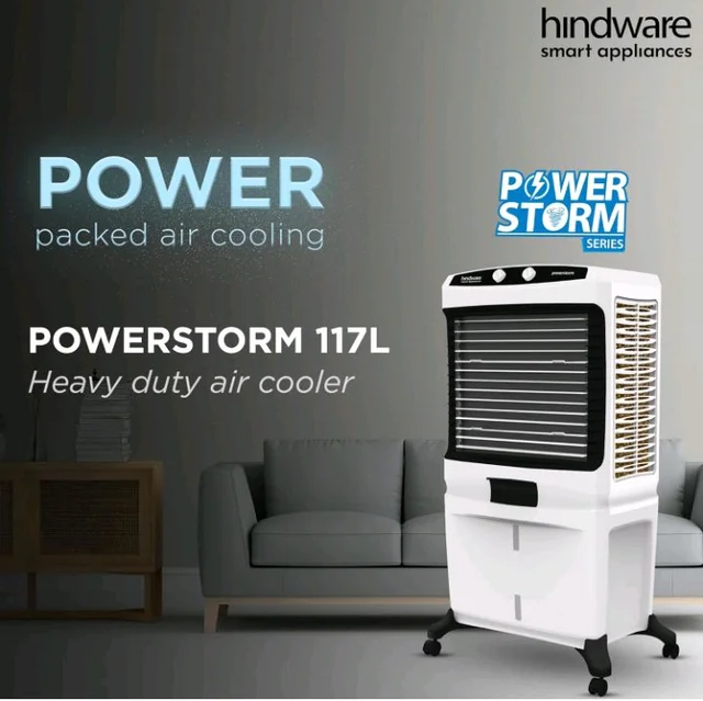 Hindware Smart Appliances 117 L Desert Air Cooler Honeycomb Pads, Anti-Bacterial Protection, Inverter Compatible (Black & White, Powerstorm)