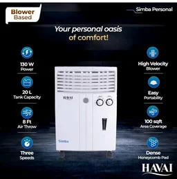 Havai Simba Personal Cooler | Blower Based Air | 100 Sq. Ft. Area Coverage | 20-Litre Tank Capacity | Single Honeycomb Pad | 8-Foot Air Throw | 1-Year Warranty | 3-Speed Control | White