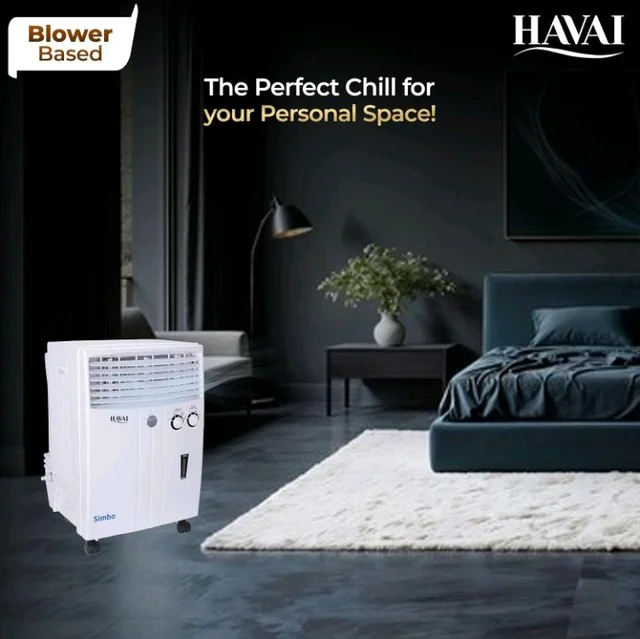 Havai Simba Personal Cooler | Blower Based Air | 100 Sq. Ft. Area Coverage | 20-Litre Tank Capacity | Single Honeycomb Pad | 8-Foot Air Throw | 1-Year Warranty | 3-Speed Control | White