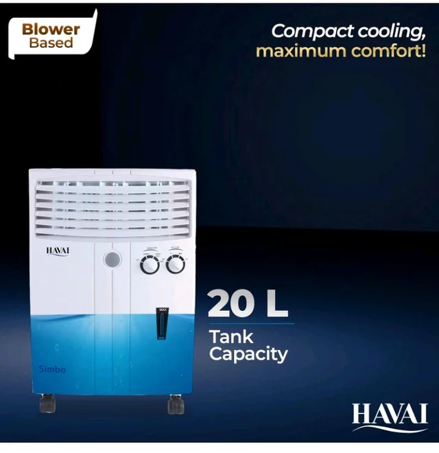 Havai Simba Personal Cooler | Blower Based Air | 100 Sq. Ft. Area Coverage | 20-Litre Tank Capacity | Single Honeycomb Pad | 8-Foot Air Throw | 1-Year Warranty | 3-Speed Control | White