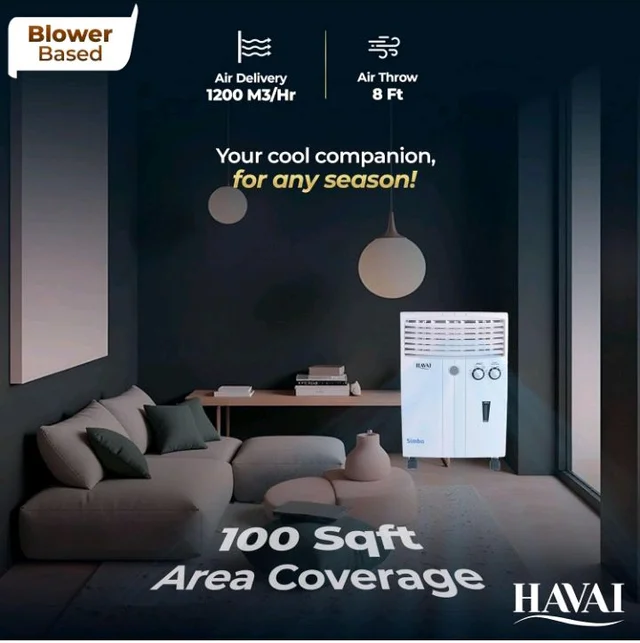 Havai Simba Personal Cooler | Blower Based Air | 100 Sq. Ft. Area Coverage | 20-Litre Tank Capacity | Single Honeycomb Pad | 8-Foot Air Throw | 1-Year Warranty | 3-Speed Control | White