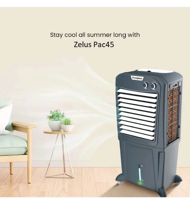 Crompton Zelus PAC45 45L Desert Air Cooler, Grey, with 4-Way Air Deflection, Auto Swing Louvers, Ice Chamber, Everlast Pump, Motor Overload Protection, Inverter Compatible