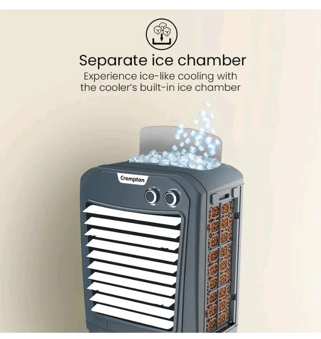 Crompton Zelus PAC45 45L Desert Air Cooler, Grey, with 4-Way Air Deflection, Auto Swing Louvers, Ice Chamber, Everlast Pump, Motor Overload Protection, Inverter Compatible