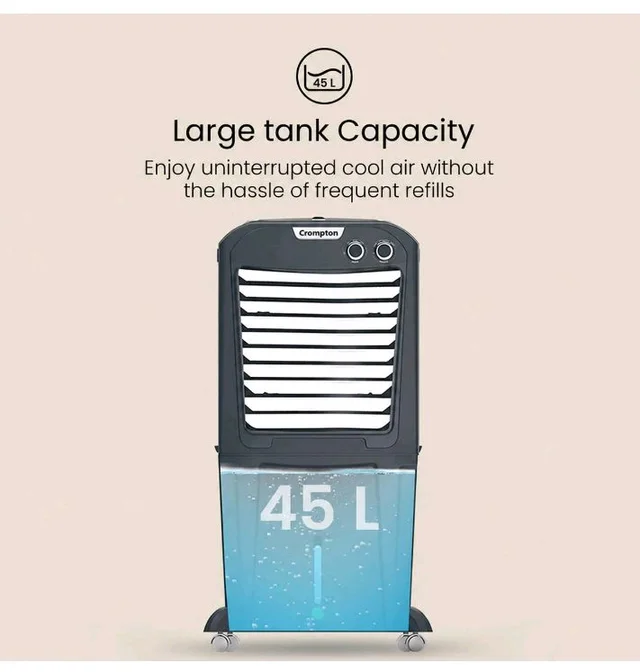 Crompton Zelus PAC45 45L Desert Air Cooler, Grey, with 4-Way Air Deflection, Auto Swing Louvers, Ice Chamber, Everlast Pump, Motor Overload Protection, Inverter Compatible