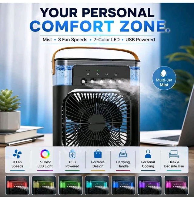 Drumstone ππ πππππ ππππππππ Mini Air Cooler & Humidifier Fan with Multi-Jet Mist, 3 Fan Speeds & 7-Color LED Light, USB Powered Portable Personal Cooler with Carrying Handle for Desk
39%
off