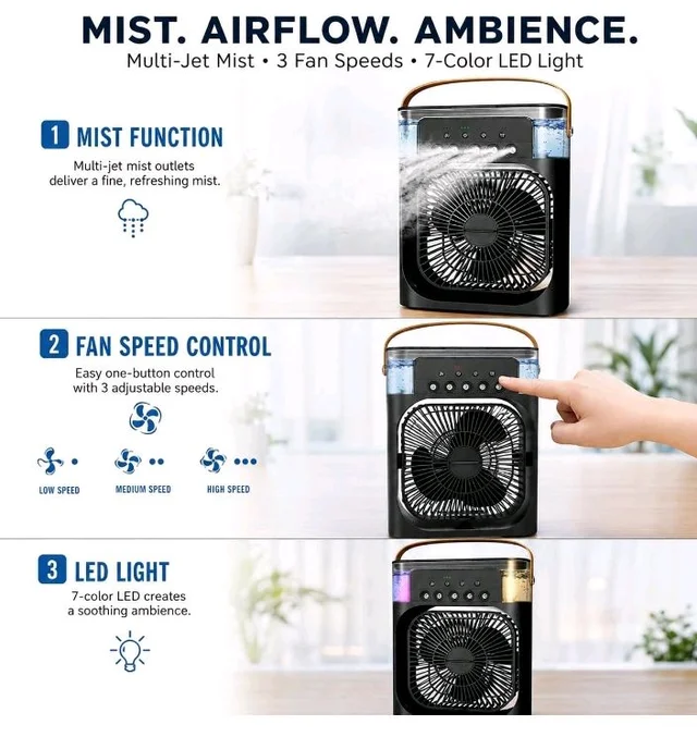 Drumstone ππ πππππ ππππππππ Mini Air Cooler & Humidifier Fan with Multi-Jet Mist, 3 Fan Speeds & 7-Color LED Light, USB Powered Portable Personal Cooler with Carrying Handle for Desk
39%
off