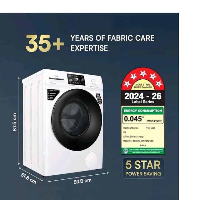 IFB 7 Kg 5 Star, 9 Swirl Wash, Steam Refresh, Eco Inverter Motor, WiFi Enabled, DeepClean® Ai Powered Fully Automatic Front Load Washing Machine(SERENA VXN 7012, 2X Power Steam®,Inbuilt Heater,White)