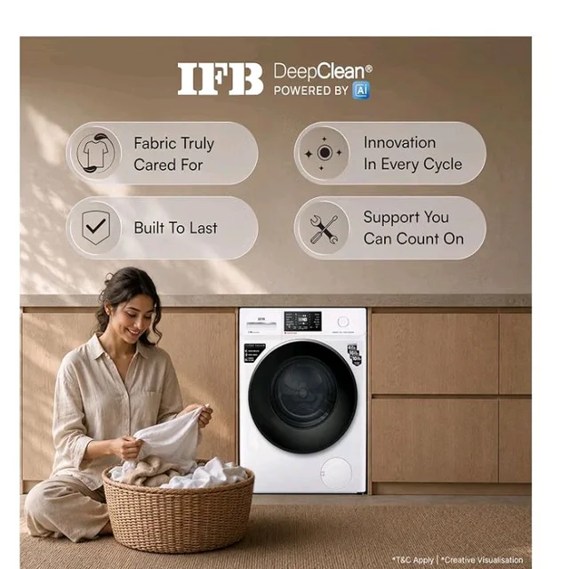 IFB 7 Kg 5 Star, 9 Swirl Wash, Steam Refresh, Eco Inverter Motor, WiFi Enabled, DeepClean® Ai Powered Fully Automatic Front Load Washing Machine(SERENA VXN 7012, 2X Power Steam®,Inbuilt Heater,White)