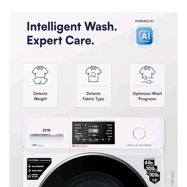 IFB 7 Kg 5 Star, 9 Swirl Wash, Steam Refresh, Eco Inverter Motor, WiFi Enabled, DeepClean® Ai Powered Fully Automatic Front Load Washing Machine(SERENA VXN 7012, 2X Power Steam®,Inbuilt Heater,White)