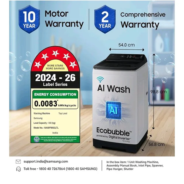 Samsung 8 Kg, 5 Star, AI Wash, AI Energy Mode, Wi-Fi, Ecobubble, AI VRT+, Super Speed, Soft Closing Door, Digital Inverter, Fully-Automatic Top Load Washing Machine (WA80F08S2LTL, Lavender Gray)