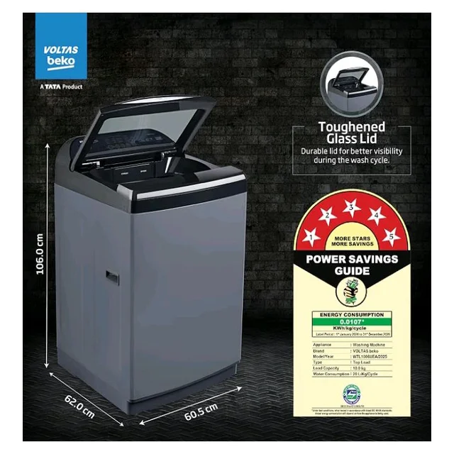 Visit the Voltas Beko Store
4.1
4.1 out of 5 stars
(130)
Voltas Beko, A Tata Product 10 Kg 5 Star Fully-Automatic Top Loading Washing Machine (WTL1006UEA/OBS1060, Grey, Double Waterfall Technology)