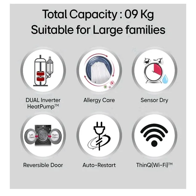 LG 9 Kg, Wi-Fi, Dual Inverter Heat Pump, Eco-Hybrid Technology Fully Automatic Front Load Dryer (DHV09SAM, Double Layer Air Filter, Allergy Care, Auto Cleaning Condenser, Middle Black)