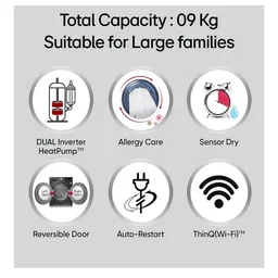 LG 9 Kg, Wi-Fi, Dual Inverter Heat Pump, Eco-Hybrid Technology Fully Automatic Front Load Dryer (DHV09SAM, Double Layer Air Filter, Allergy Care, Auto Cleaning Condenser, Middle Black)