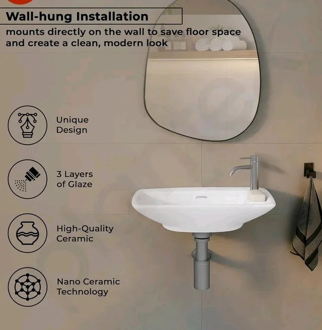 Plantex Ceramic Wall Hung Basin/Washbasin for Bathroom/Wall Mounted Wash Basin with 10 Years Glaze Warranty by Plantex/Small Basin (White - 17X9X5 Inch)