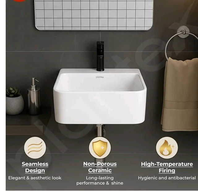 Plantex Ceramic Basin for Bathroom/One Piece Wash Basin for Bathroom with 10 Years Glaze Warranty by Plantex/Wall Mount Wash Basin for Home/Office/Hotels (White - 14 x 14 x 6 Inch)