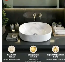 Plantex TableTop Wash Basin for Bathroom/Ceramic Basin with 10 Years Glaze Warranty by Plantex/Washbasin for Home/Hotel/Restaurant (Glossy White - 19 x 13 x 5.5 Inch)