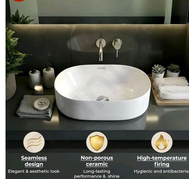 Plantex TableTop Wash Basin for Bathroom/Ceramic Basin with 10 Years Glaze Warranty by Plantex/Washbasin for Home/Hotel/Restaurant (Glossy White - 19 x 13 x 5.5 Inch)