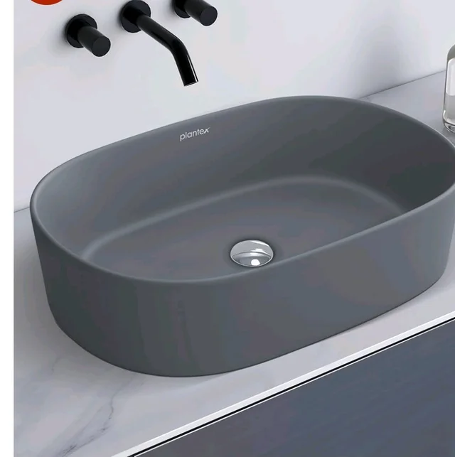 Plantex Ceramic Wash Basin for Bathroom/Oval Table Top Basin/Countertop Vessel Sink for Home/Hotel (22 x 14 x 6 inch - Cloud Grey)