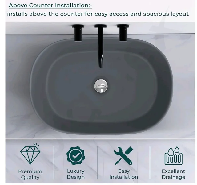 Plantex Ceramic Wash Basin for Bathroom/Oval Table Top Basin/Countertop Vessel Sink for Home/Hotel (22 x 14 x 6 inch - Cloud Grey)