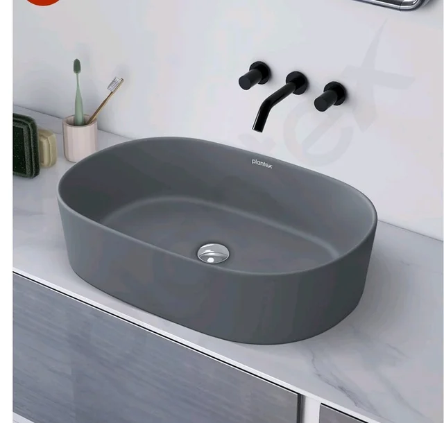 Plantex Ceramic Wash Basin for Bathroom/Oval Table Top Basin/Countertop Vessel Sink for Home/Hotel (22 x 14 x 6 inch - Cloud Grey)