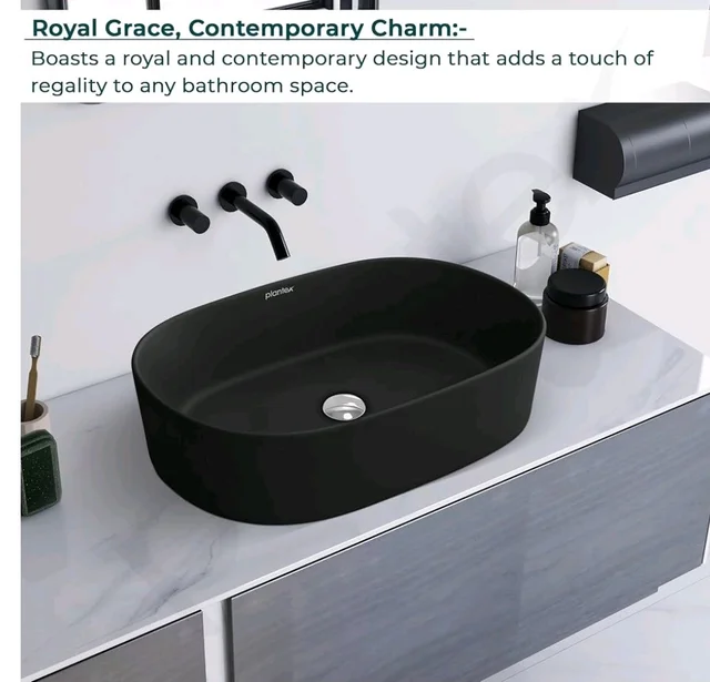 Plantex Ceramic Wash Basin for Bathroom/Oval Table Top Basin/Countertop Vessel Sink for Home/Hotel - (Charcoal Black- 22 x 14 x 6 inch)