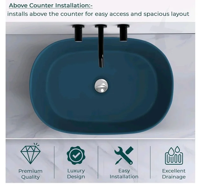 Plantex Ceramic Wash Basin for Bathroom/Oval Counter Top Basin/Tabletop Wash Basin for Home/Office(Pine Blue - 22x14x6 inch)