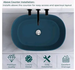 Plantex Ceramic Wash Basin for Bathroom/Oval Counter Top Basin/Tabletop Wash Basin for Home/Office(Pine Blue - 22x14x6 inch)