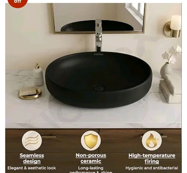 Plantex Ceramic Wash Basin for Bathroom/Table Top Basin/Black Washbasin for Hotel/Restaurant (Matt Black - 23 x 15 x 5.5 Inch)