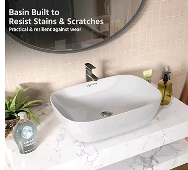 Lifelong Wash Basin for Bathroom - Tabletop Washbasin - Ceramic Glossy Rectangle Countertop Vessel Sink Ideal for Bathroom, Dining Hall & Vanity 33x46x16 cm (White, LLHIPB01)