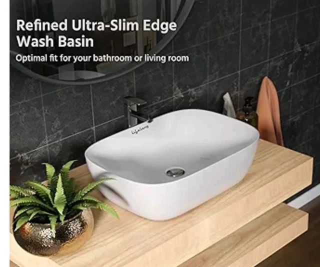 Lifelong Wash Basin for Bathroom - Tabletop Washbasin - Ceramic Glossy Rectangle Countertop Vessel Sink Ideal for Bathroom, Dining Hall & Vanity 33x46x16 cm (White, LLHIPB01)