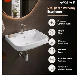WASSMIST Wash Basin | Wall Hung Wash Basin for Bathroom with 10 Year Glaze Warranty | Premium Ceramic Compact Basin with Tap Hole (15.7 X 14 X 6.1 Inch)